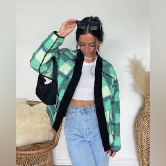 Highland Park by Material Girls Jackets & Blazers - Highland Park Textured Plaid Sherpa Jacket Green Black Trim Streetwear Grunge L